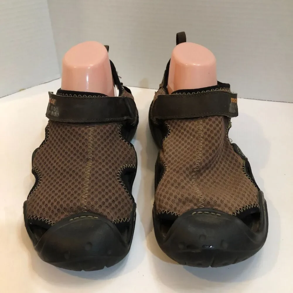 Crocs Mens Size 10 Brown Black Swiftwater Fisherman Mesh Deck Sandals Shoes